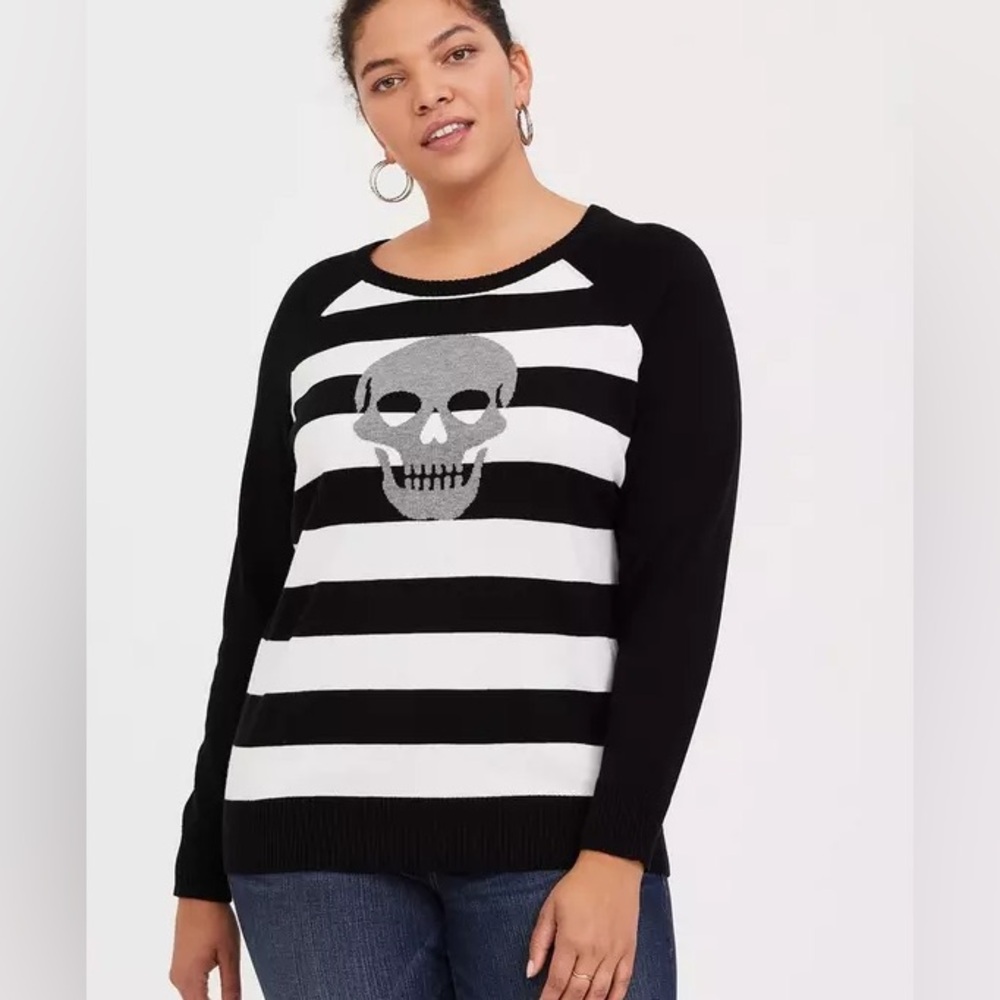 Black and White Stripe Pullover Sweater with Skull Graphic